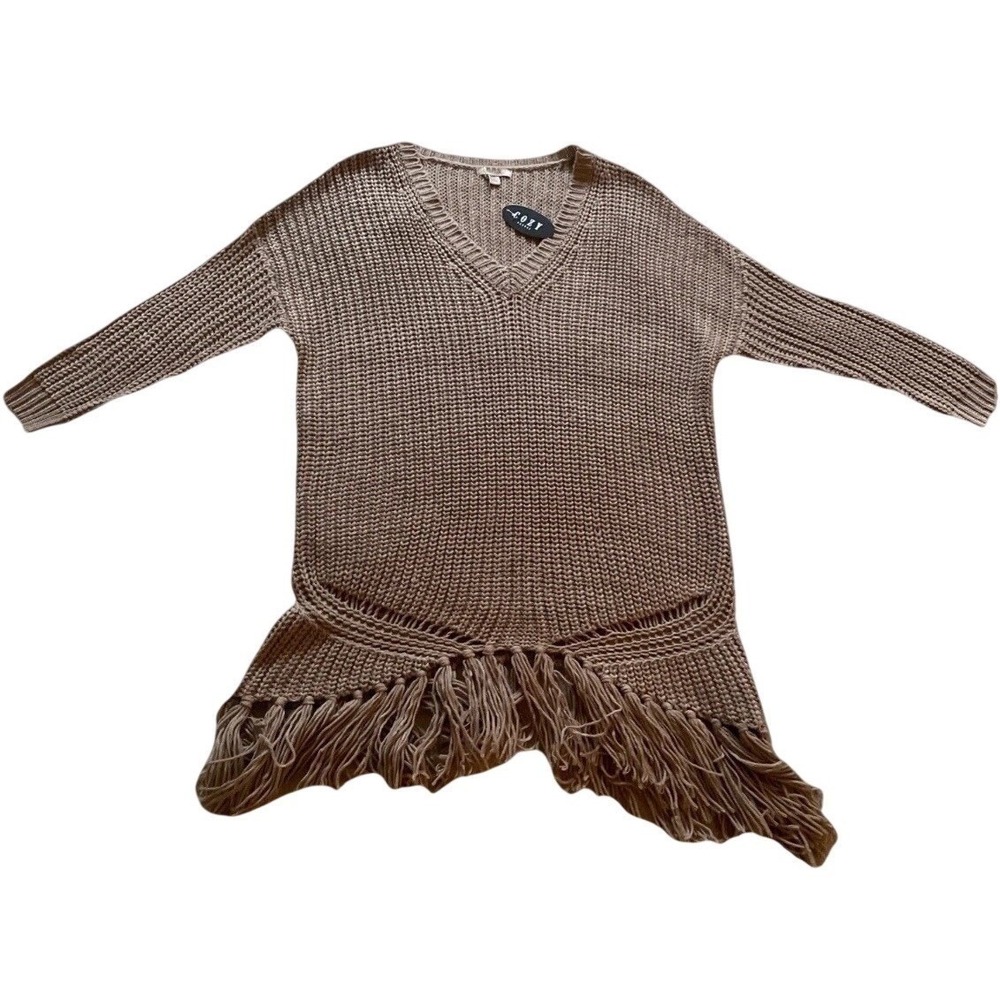 Cozy Casual Sweater Womens M/L Taupe Chunky Rib Knit Fringe V-Neck Boho Pullover